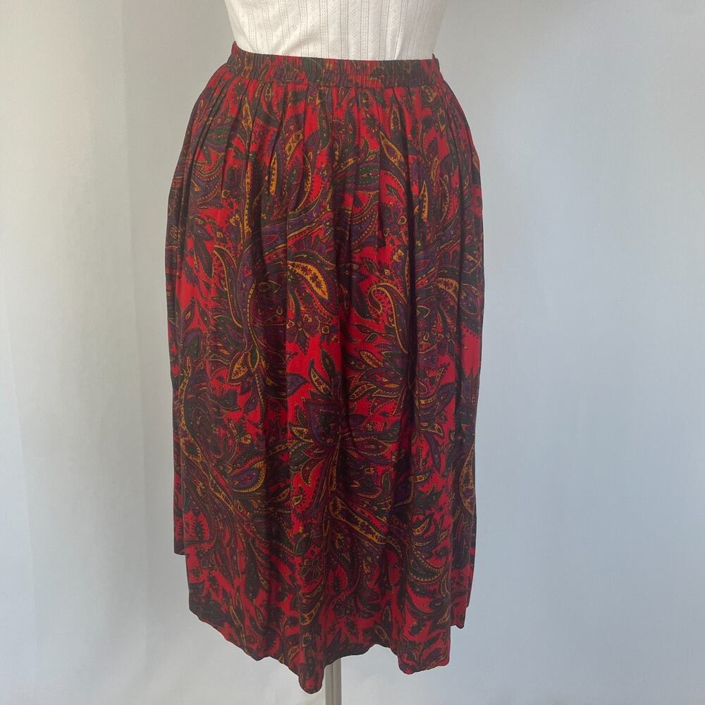 Vintage Midi Skirt Size 10 Red Paisley Pleated A Line Retro Preppy Academia 90s - Picture 8 of 12